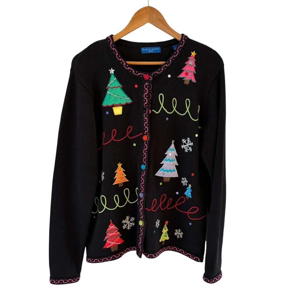 Karen Scott Sport Holiday Cardigan Womens M Black Ugly Christmas Sweater Artsy